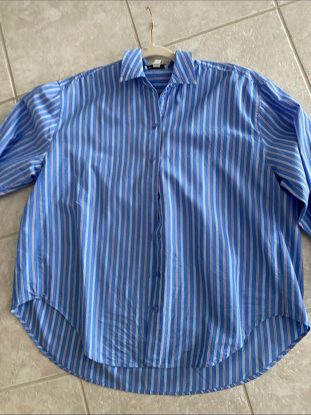 Free Assembly Blue Striped Button-Down  (Men’s wear look) Blouse